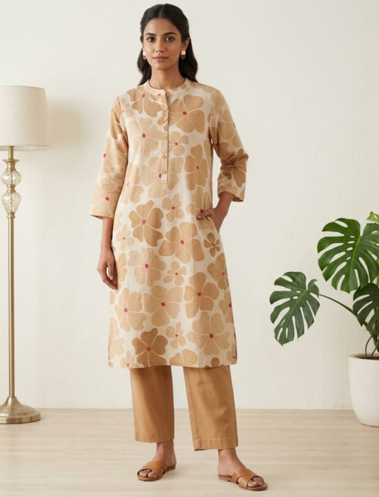 Floral Beige Cotton Kurti