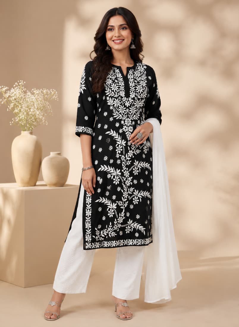 Lucknowi Chikankari Kurti for Women | Black Cotton Hand-Embroidered Floral Long Kurti