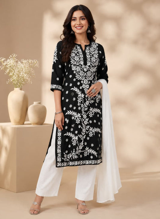 Lucknowi Chikankari Kurti for Women | Black Cotton Hand-Embroidered Floral Long Kurti