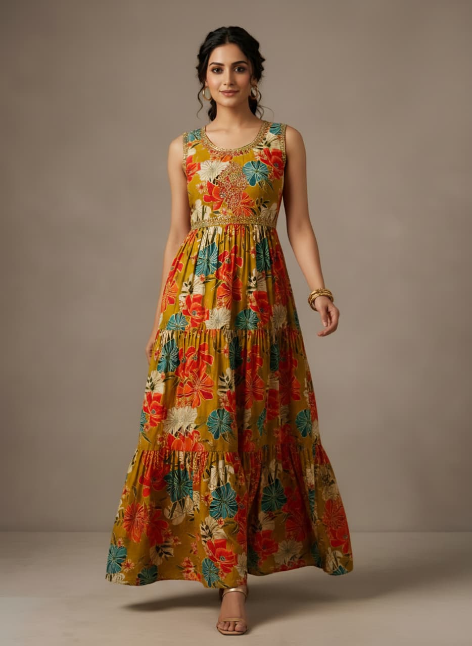 Tropical Floral Tiered Gown
