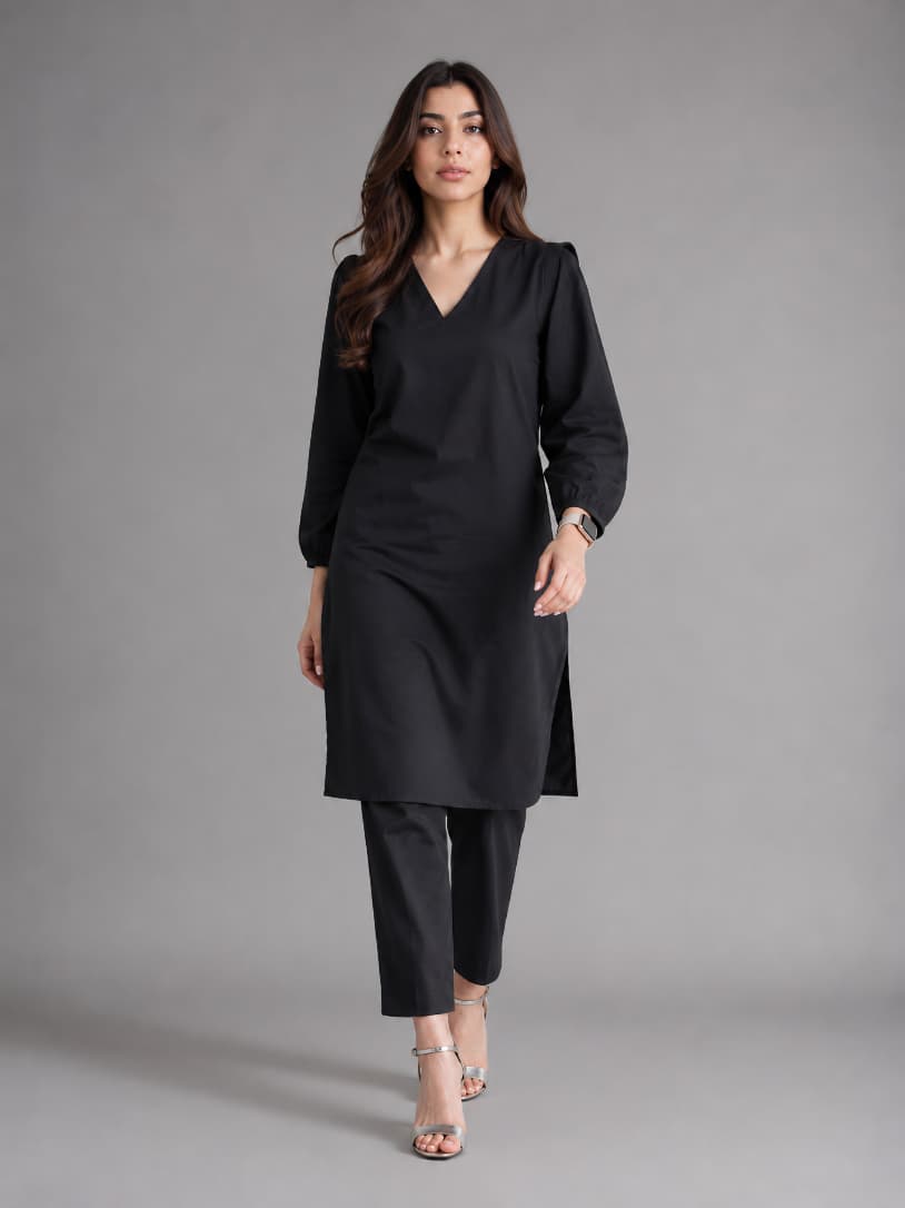 Midnight Black Linen Co-ord Set for Women | V-Neck Kurta & Straight Pants