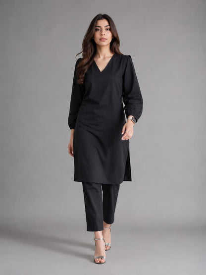 Midnight Black Linen Co-ord Set for Women | V-Neck Kurta & Straight Pants