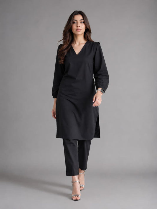 Midnight Black Linen Co-ord Set for Women | V-Neck Kurta & Straight Pants
