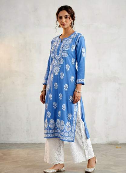 Lucknowi Chikankari Kurti for Women | Blue Cotton Hand-Embroidered Floral Long Kurti