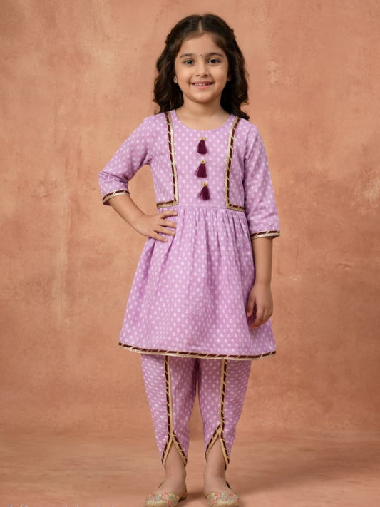 Premium Cotton Kurta & Dhoti Pant Set for Girls – Lavender Ethnic Wear