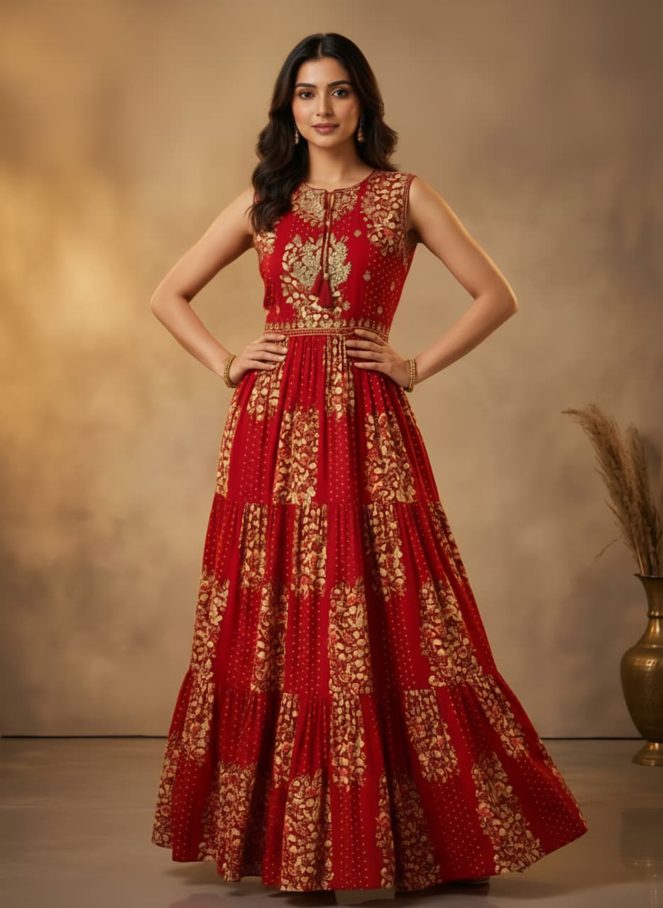 Elegant Crimson & Gold Tiered Anarkali Gown