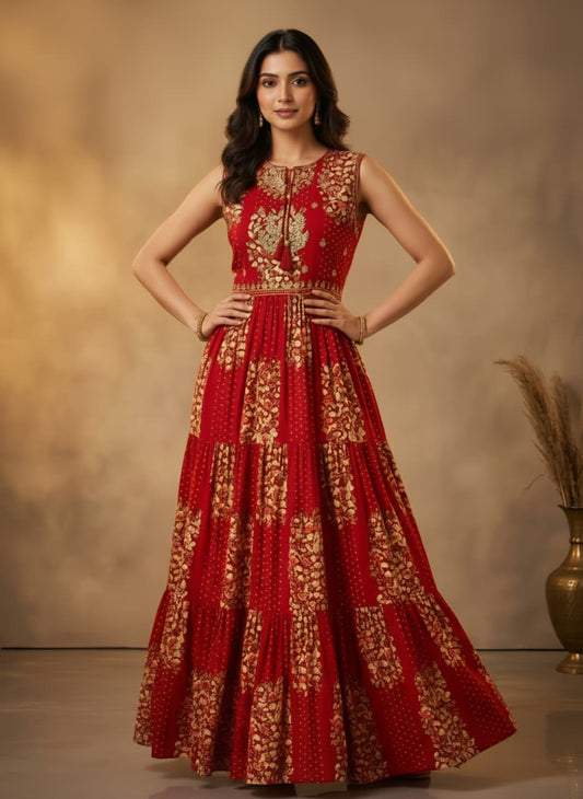 Elegant Crimson & Gold Tiered Anarkali Gown