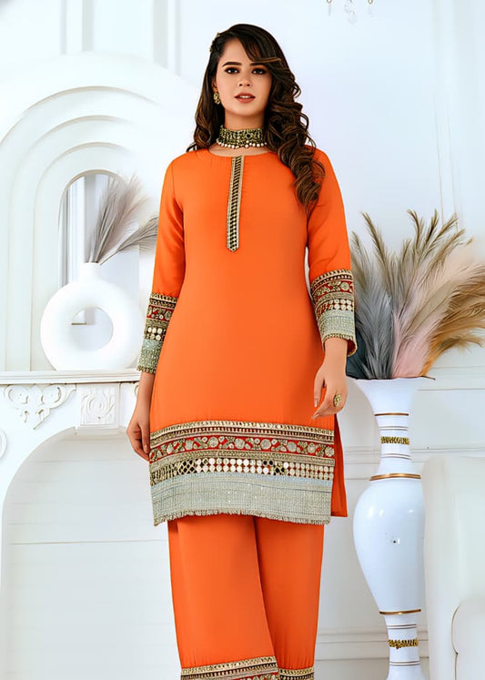 Orange Embroidered Straight Kurta Set with Palazzo