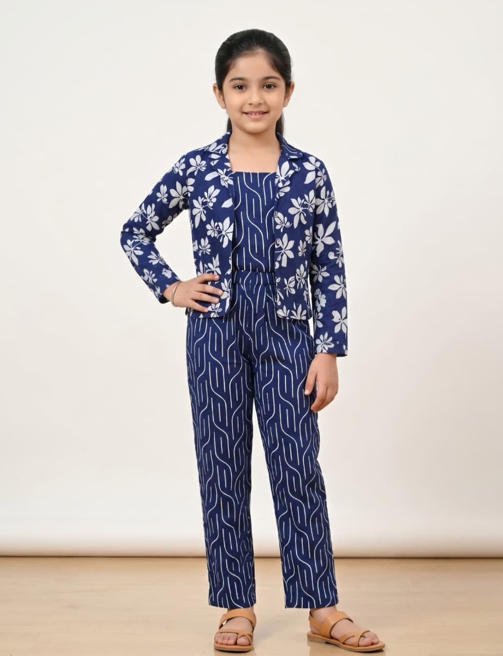 Girls 3-Piece Printed Co-Ord Set with Jacket | Premium Cotton Top, Pant & Jacket Set | Navy Blue