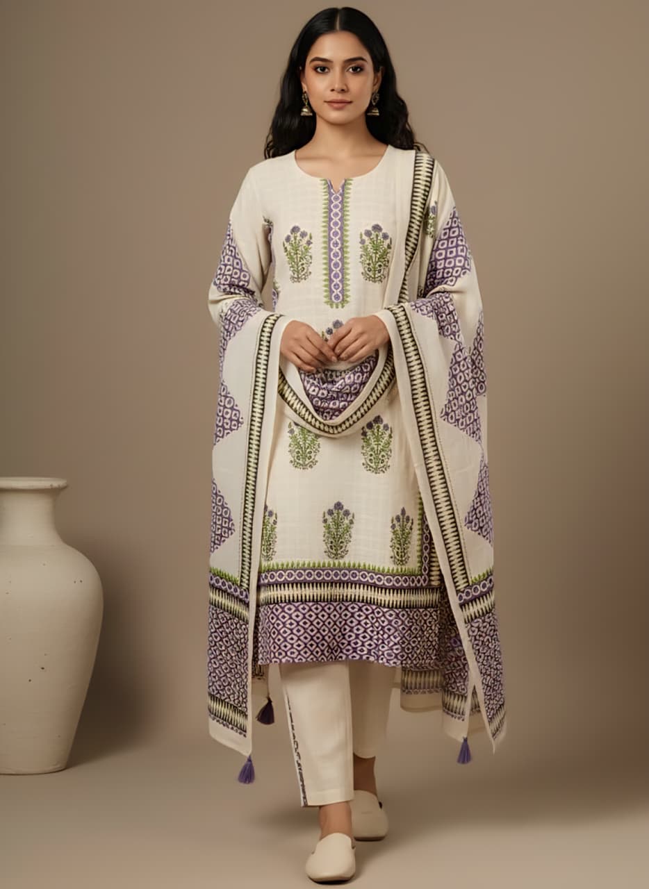 Ivory & Lavender Cotton Salwar Suit Set
