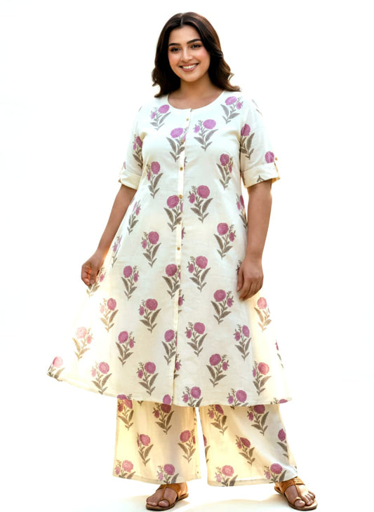 Ivory Floral Printed Cotton Plus Size Co-Ord Set for Women | 3XL-6XL