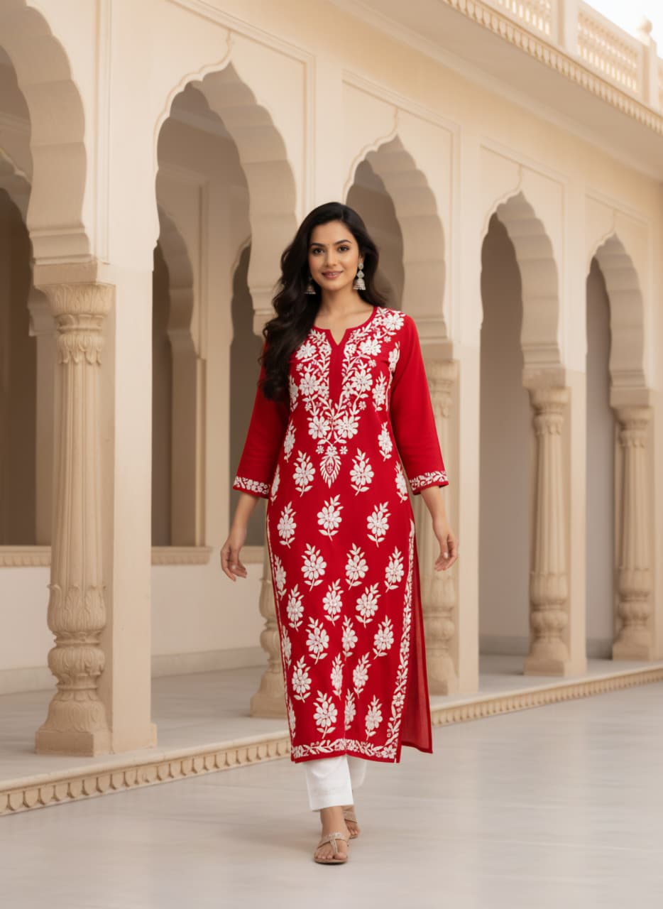 Lucknowi Chikankari Kurti for Women | Red Cotton Hand-Embroidered Floral Long Kurti (Copy) (Copy)