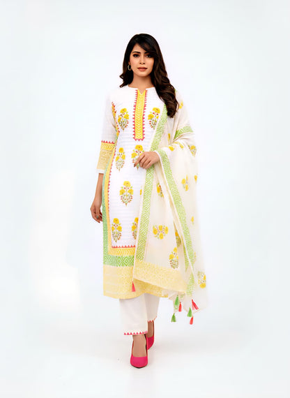 Elegant Ivory & Marigold Floral Cotton Kurta Pant Set with Matching Dupatta