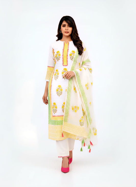Elegant Ivory & Marigold Floral Cotton Kurta Pant Set with Matching Dupatta