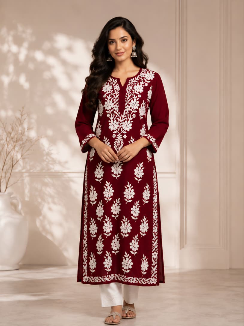Lucknowi Chikankari Kurti for Women | Maroon Cotton Hand-Embroidered Floral Long Kurti (Copy)