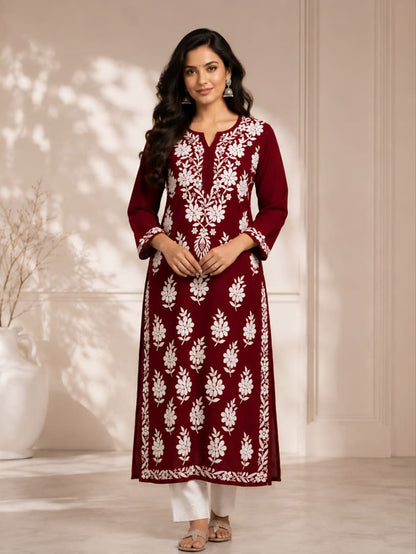 Lucknowi Chikankari Kurti for Women | Maroon Cotton Hand-Embroidered Floral Long Kurti (Copy)