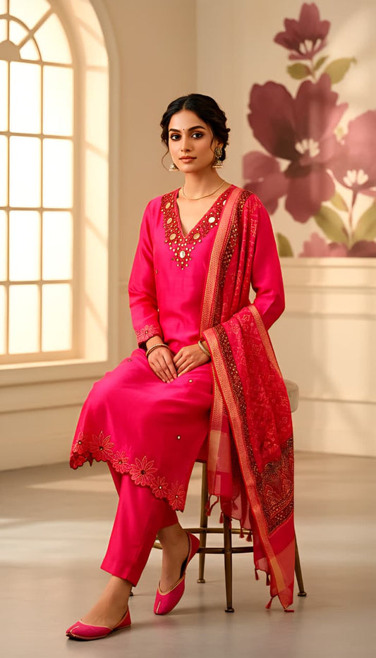 Fuchsia Silk Blend Straight Kurta Set with Mirror-Work Yoke & Bandhani Dupatta