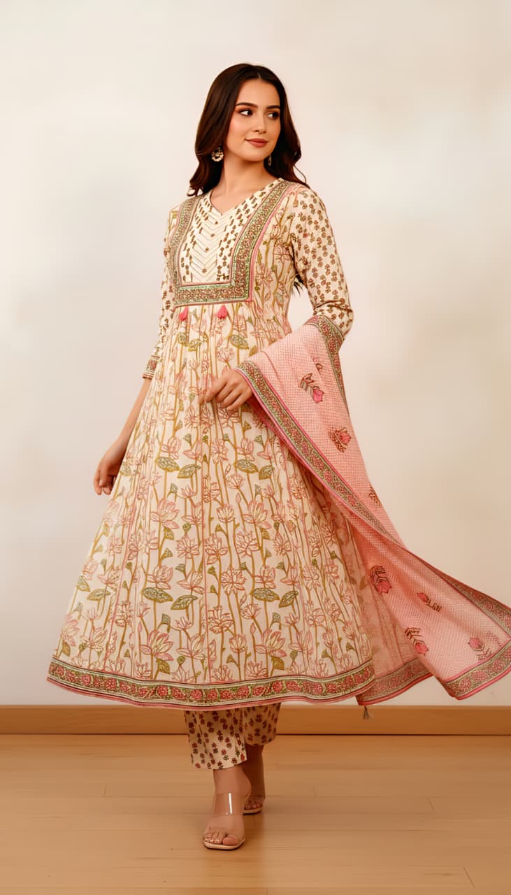 Off-White & Pink Floral Printed Cotton Anarkali Suit Set