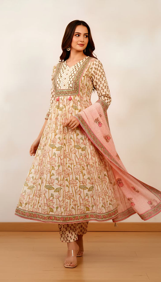 Off-White & Pink Floral Printed Cotton Anarkali Suit Set