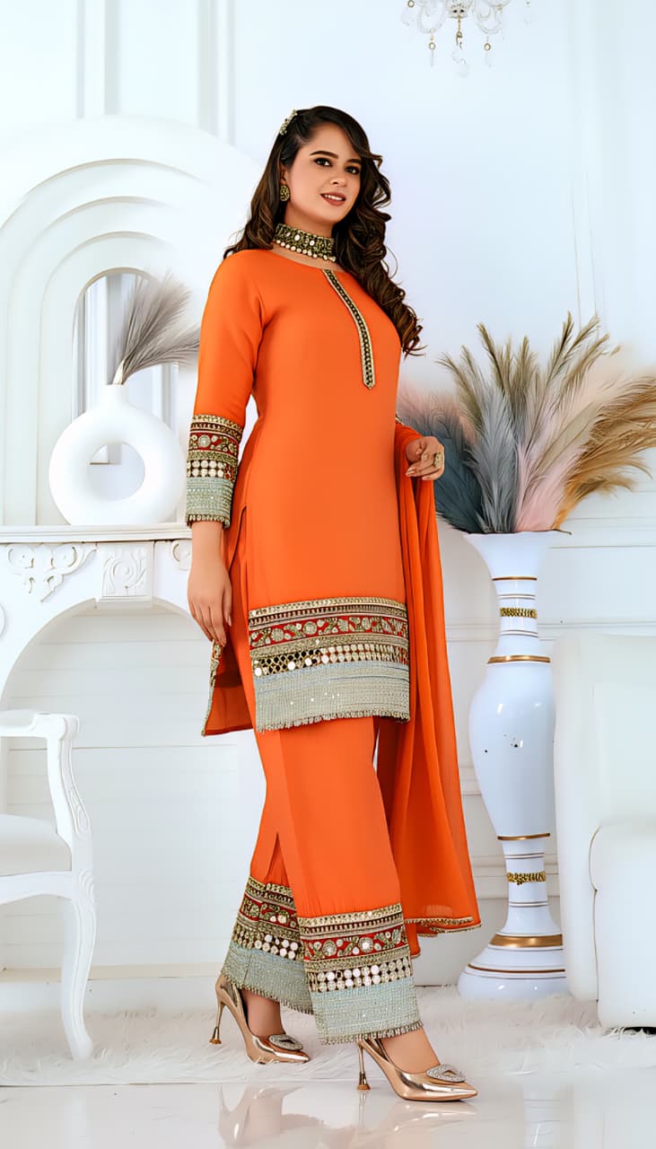Orange Embroidered Straight Kurta Set with Palazzo