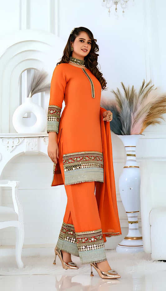 Orange Embroidered Straight Kurta Set with Palazzo