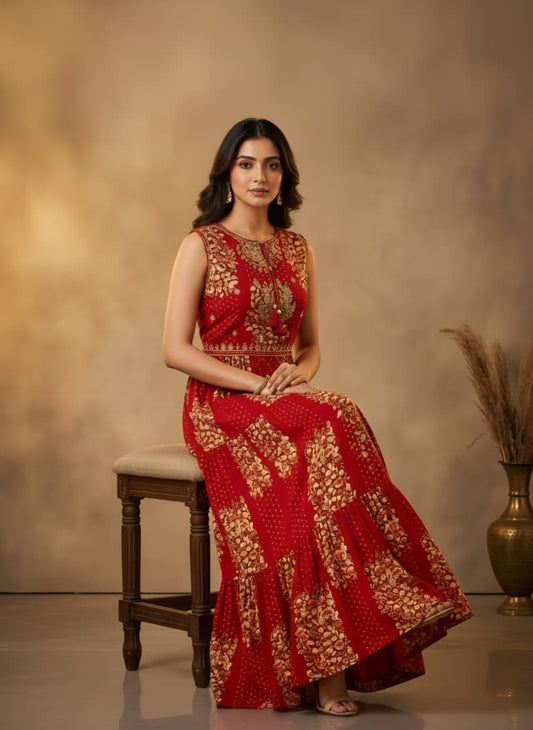 Elegant Crimson & Gold Tiered Anarkali Gown