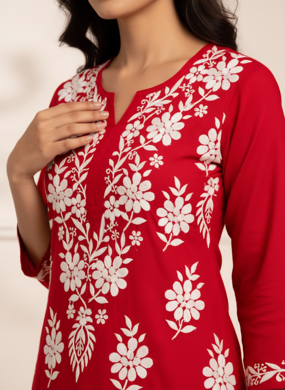 Lucknowi Chikankari Kurti for Women | Red Cotton Hand-Embroidered Floral Long Kurti (Copy) (Copy)