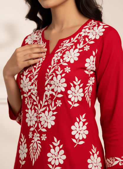 Lucknowi Chikankari Kurti for Women | Red Cotton Hand-Embroidered Floral Long Kurti (Copy) (Copy)