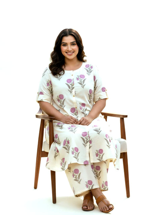 Ivory Floral Printed Cotton Plus Size Co-Ord Set for Women | 3XL-6XL