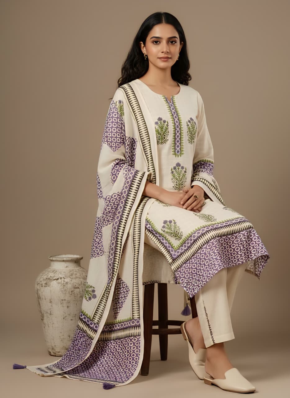 Ivory & Lavender Cotton Salwar Suit Set