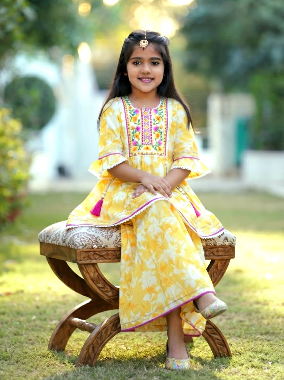 Girls Yellow Floral Kurta Sharara Set | Festive Ethnic Wear
