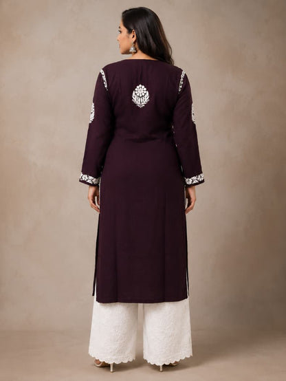 Lucknowi Chikankari Kurti for Women | Dark Brown Cotton Hand-Embroidered Floral Long Kurti