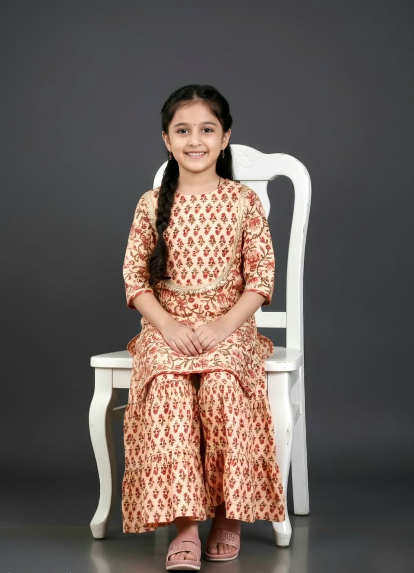 Girls Floral Printed Kurta with Sharara Set | Premium Cotton Ethnic Wear | Beige & Rust
