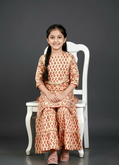 Girls Floral Printed Kurta with Sharara Set | Premium Cotton Ethnic Wear | Beige & Rust