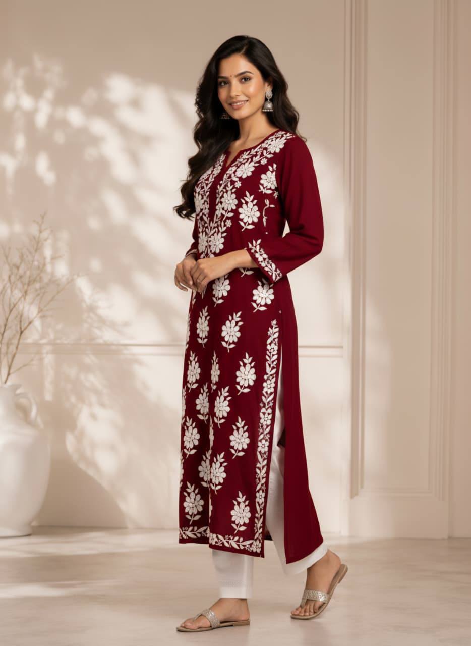 Lucknowi Chikankari Kurti for Women | Maroon Cotton Hand-Embroidered Floral Long Kurti (Copy)
