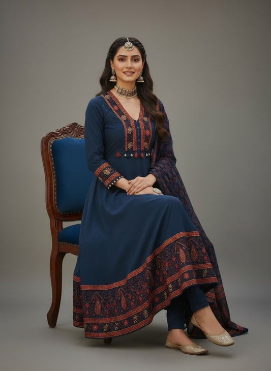 Royal Navy Blue Embroidered Anarkali Suit Set