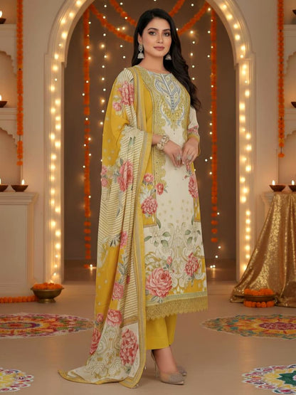 Elegant Floral Mustard & Cream Three-Piece Suit