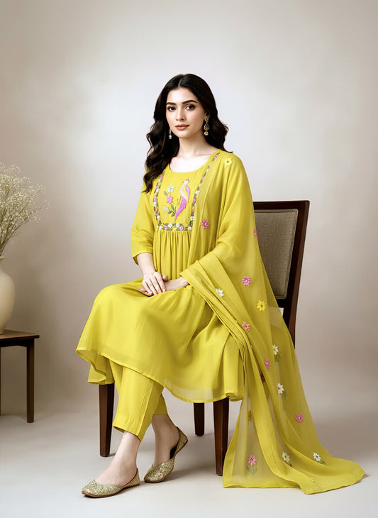 Elegant Young Olive Green Embroidered Anarkali Salwar Suit Set