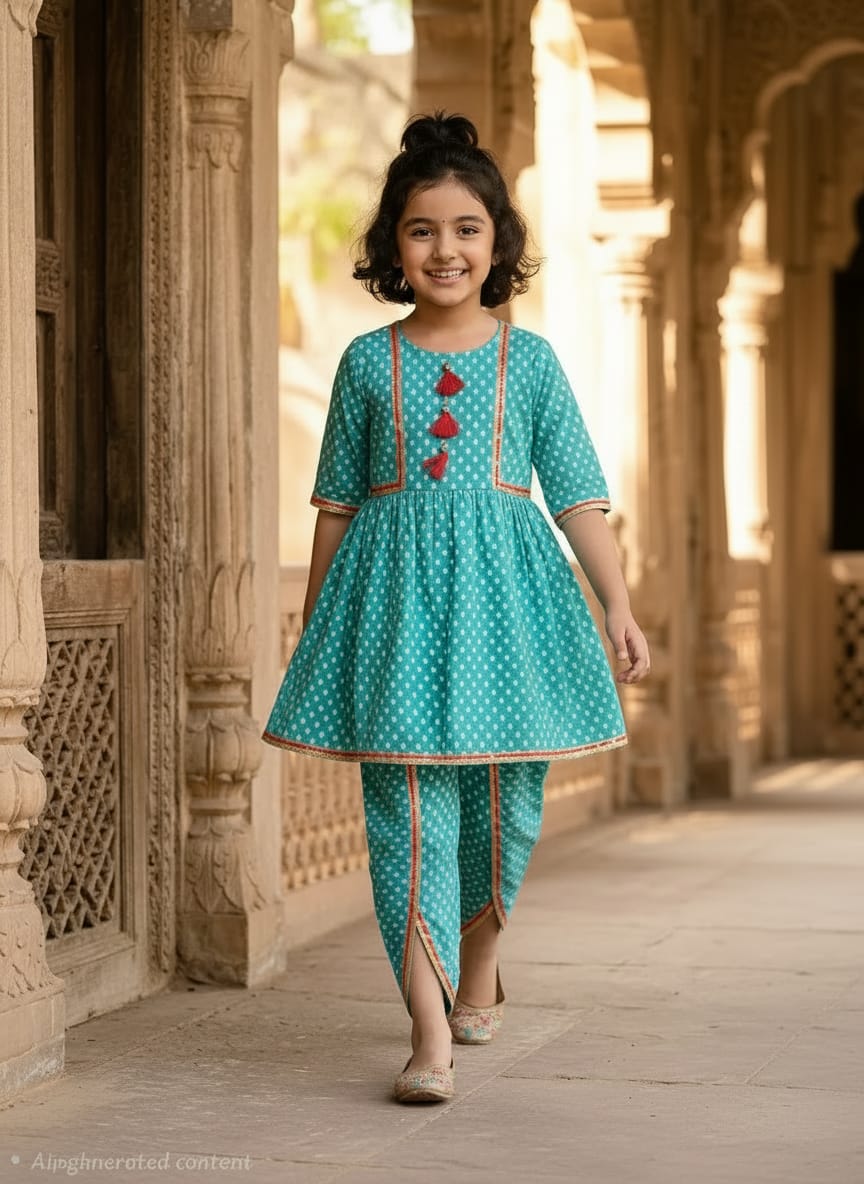 Premium Cotton Kurta & Dhoti Pant Set for Girls – Turquoise Ethnic Wear