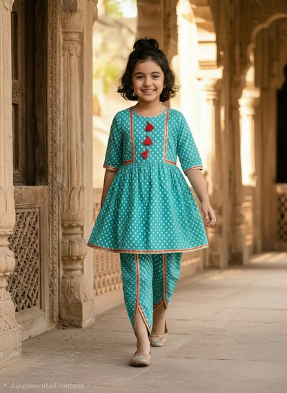 Premium Cotton Kurta & Dhoti Pant Set for Girls – Turquoise Ethnic Wear