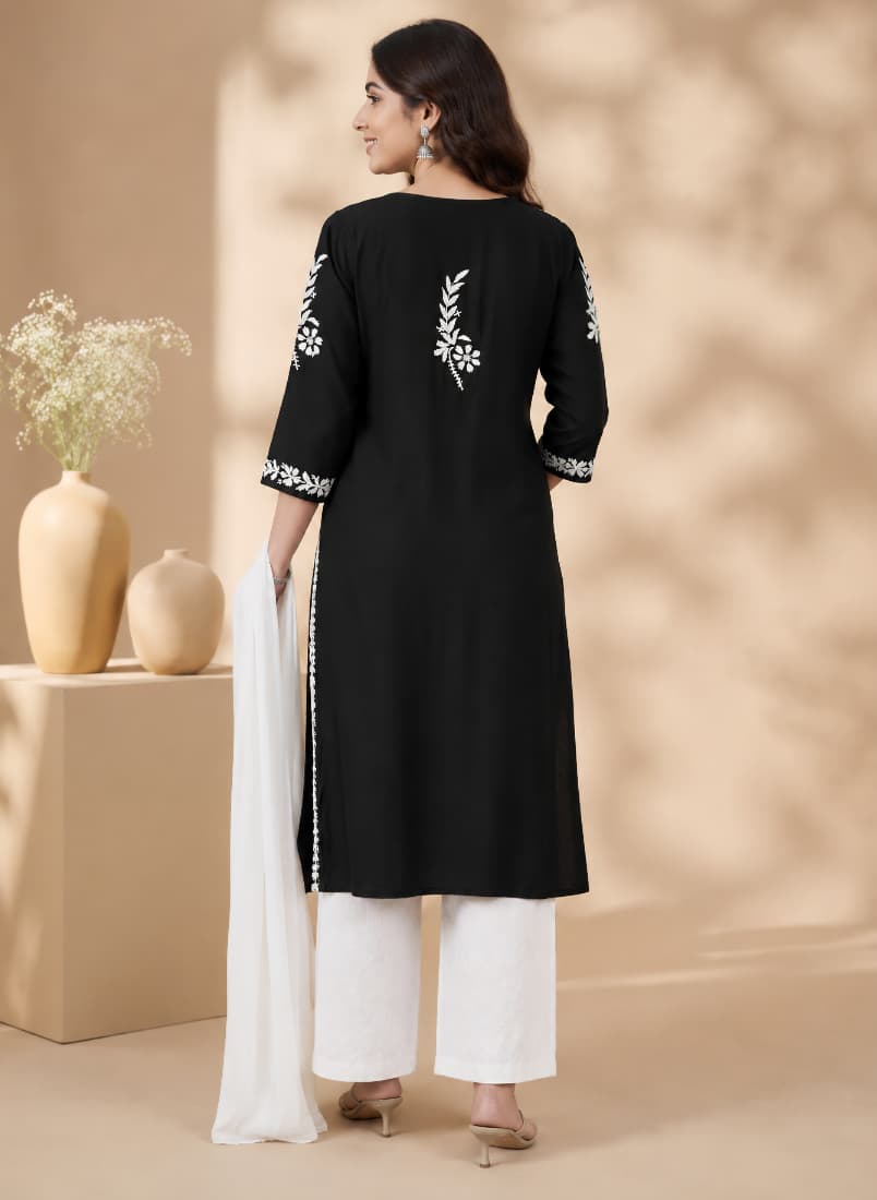 Lucknowi Chikankari Kurti for Women | Black Cotton Hand-Embroidered Floral Long Kurti
