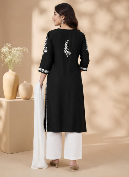 Lucknowi Chikankari Kurti for Women | Black Cotton Hand-Embroidered Floral Long Kurti
