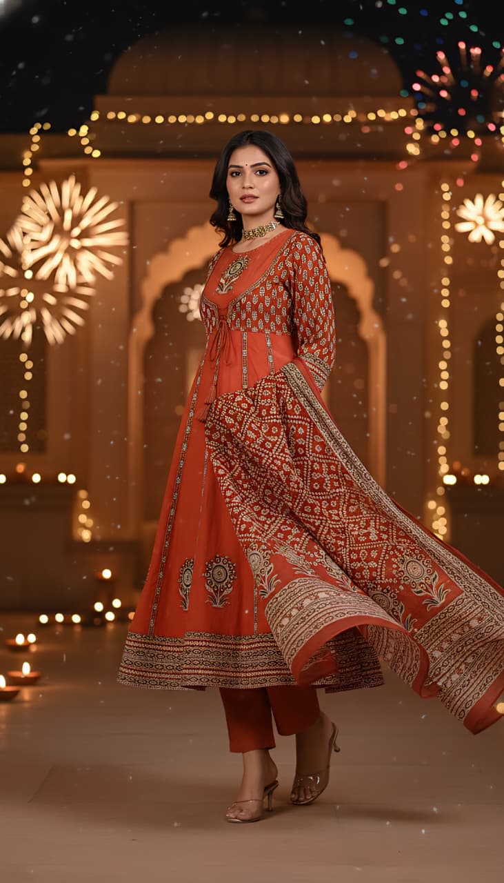 Rust Orange Embroidered Angrakha Style Anarkali Set with Bandhani Print Dupatta