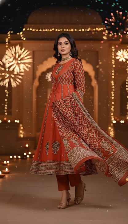 Rust Orange Embroidered Angrakha Style Anarkali Set with Bandhani Print Dupatta