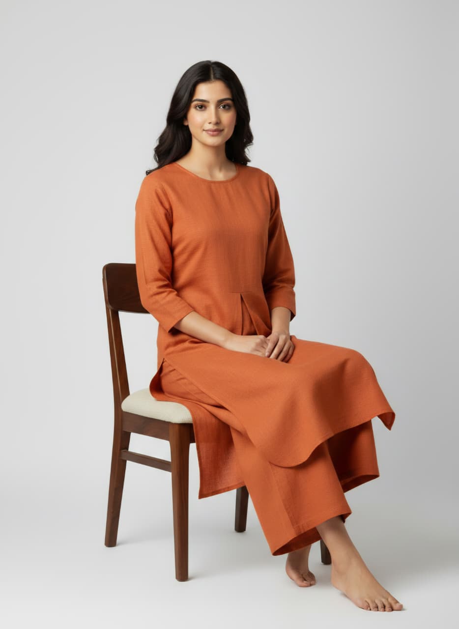 Rust Orange Linen Co-ord Set for Women | Straight Kurta & Wide-Leg Pants