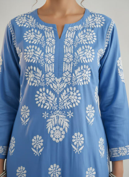 Lucknowi Chikankari Kurti for Women | Blue Cotton Hand-Embroidered Floral Long Kurti