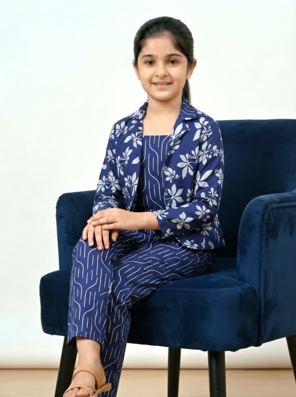 Girls 3-Piece Printed Co-Ord Set with Jacket | Premium Cotton Top, Pant & Jacket Set | Navy Blue