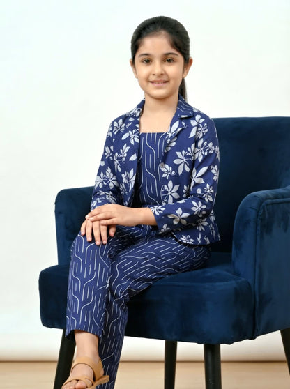 Girls 3-Piece Printed Co-Ord Set with Jacket | Premium Cotton Top, Pant & Jacket Set | Navy Blue