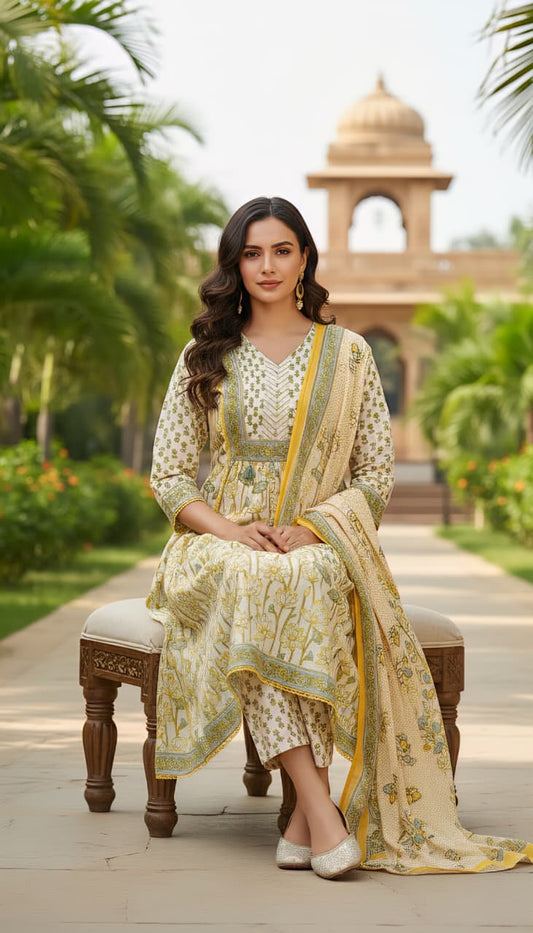 Elegant Floral Printed Cotton Anarkali Kurta Set with Trousers & Dupatta
