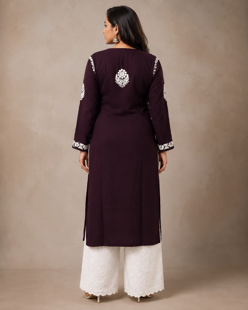 Lucknowi Chikankari Kurti for Women | Brown Cotton Hand-Embroidered Floral Long Kurti